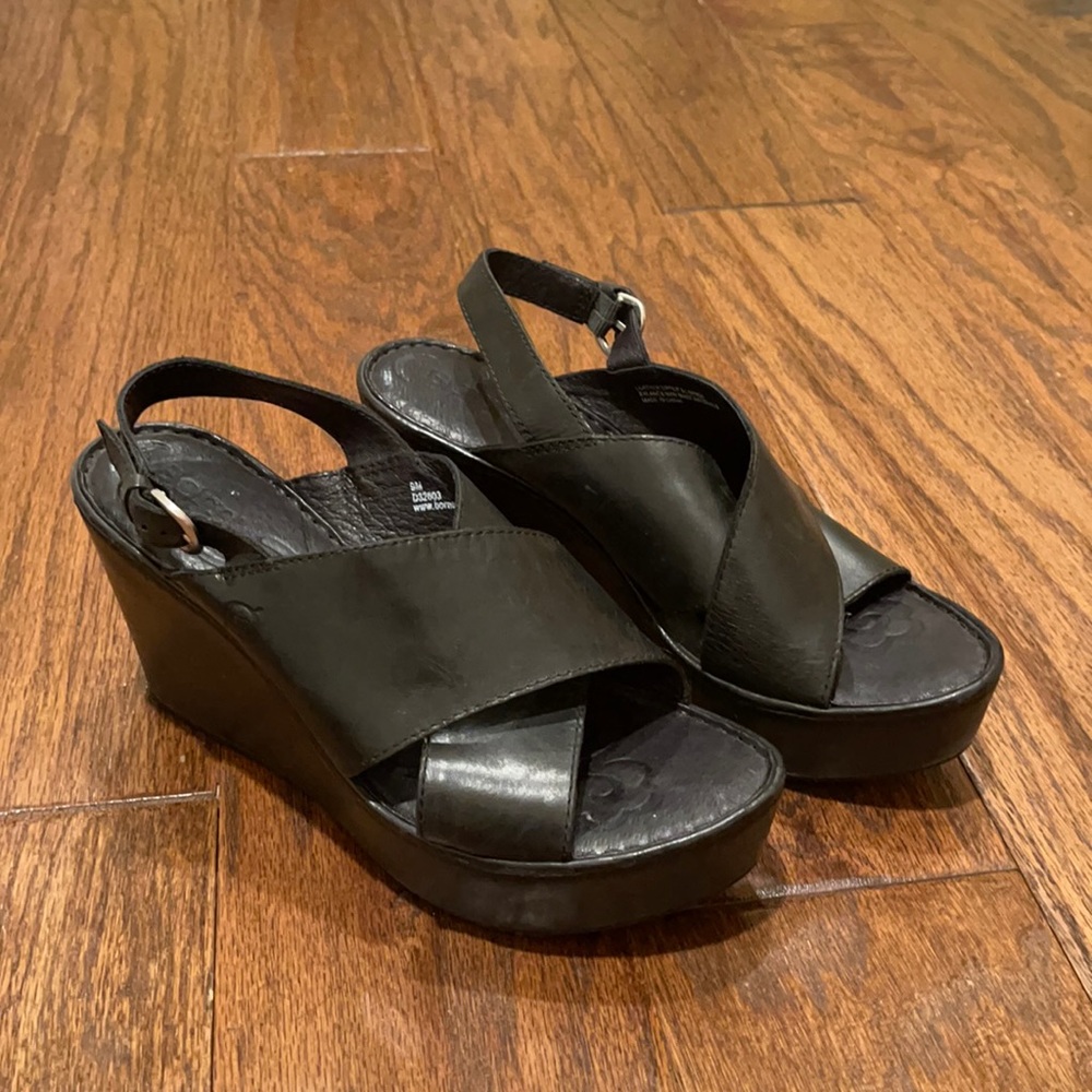 Trendy Black Leather Wedges- Born Shoes